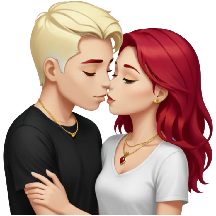 couple kissing, girl with long cherry red hair, blonde eyebrows, gold A necklace, boy with SHORT PURE WHITE HAIR (not blonde, not gray, but WHITE like snow), dark t-shirt, silver ring emoji