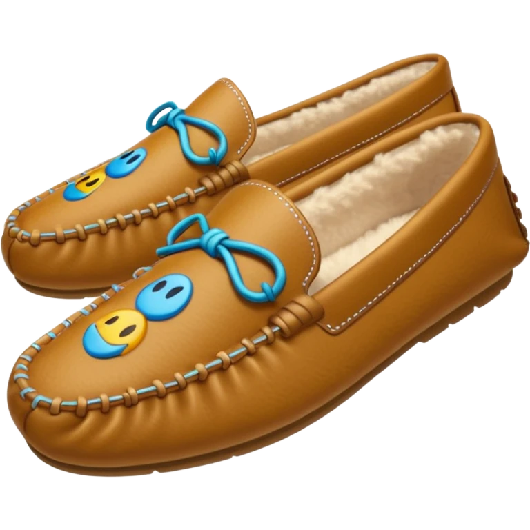 tan moccasins with stitched design and fluffy fur, emoji style emoji