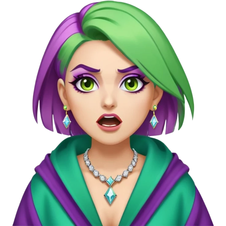 Lighter skinned woman with straight green hair and diamond hoop earrings on and purple cut crease eye makeup with brown eyebrows and a green pink blue and yellow robe on shouting angrily wearing a diamond necklace  emoji