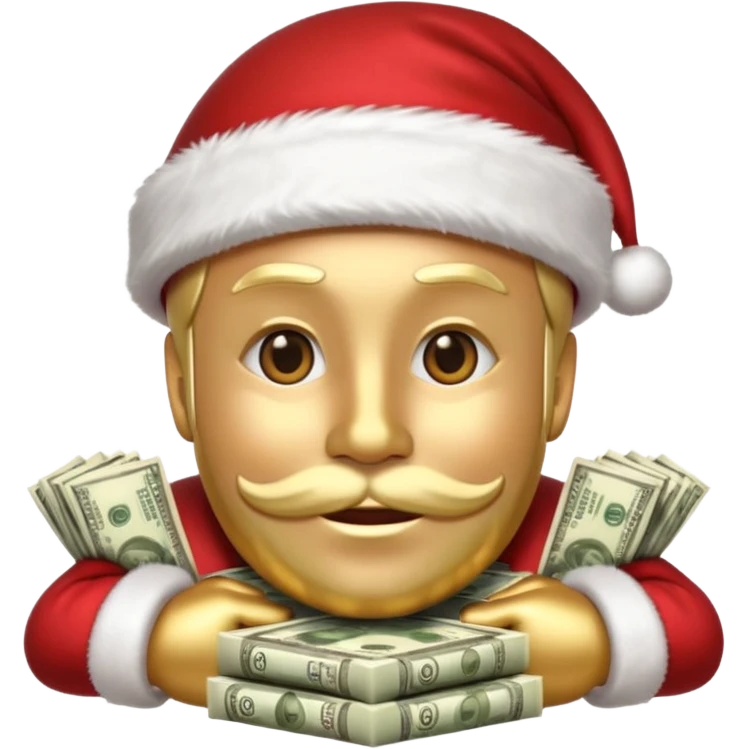 A confident rich emoji face wearing a Santa hat, money stacks, casino vibe, New Year theme, premium 3D emoji style, sharp details, no text, isolated on transparent background emoji