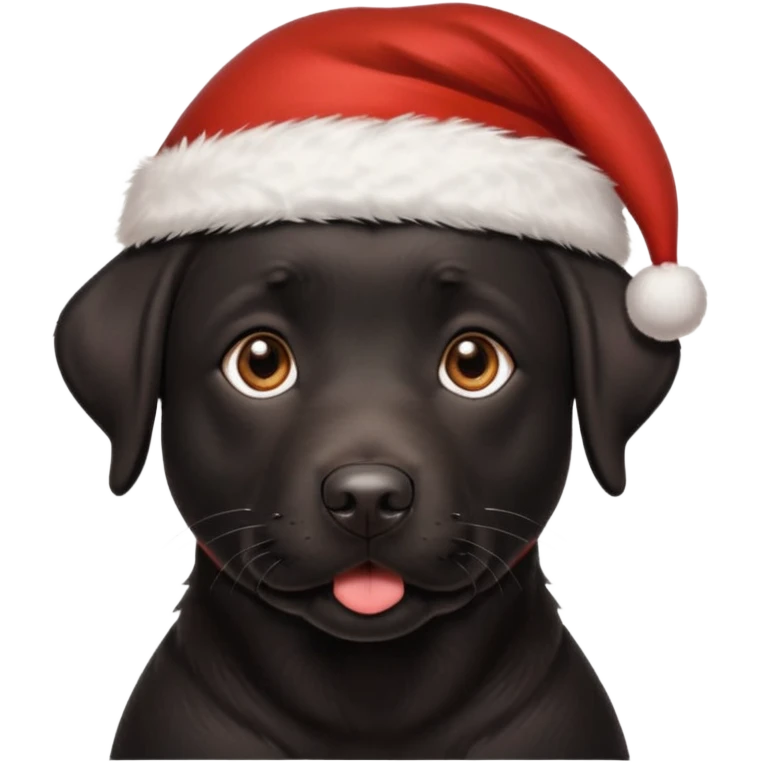 A cute, all-black Labrador Retriever, about 2 years old, wearing a Santa hat. (I need English) emoji