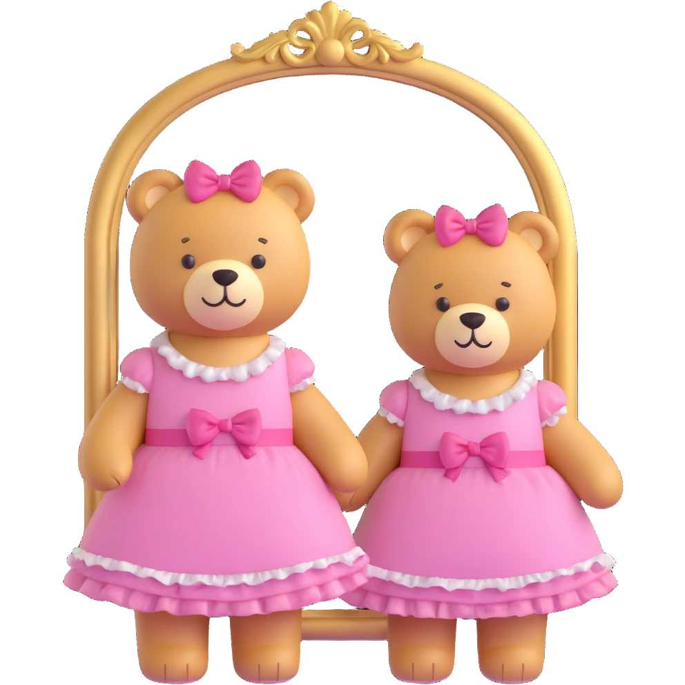 plush bear in a frilly pink dress with bows, standing by a gold-framed mirror in a sunlit pastel room, 3D iOS emoji style, cute and vibrant emoji