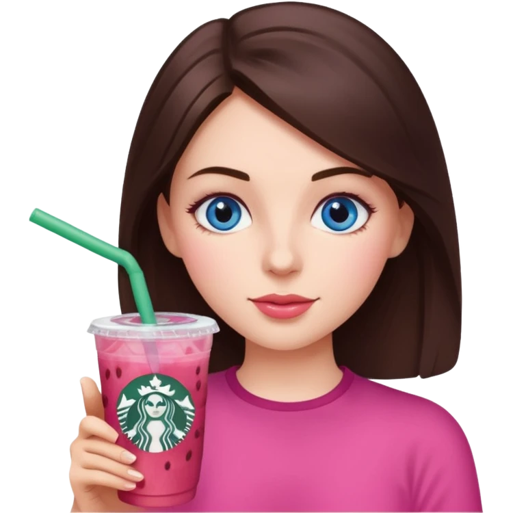 make an emoji of a brunette blue eye girl wearing pink drinking a strawberry acai refresher from starbucks emoji