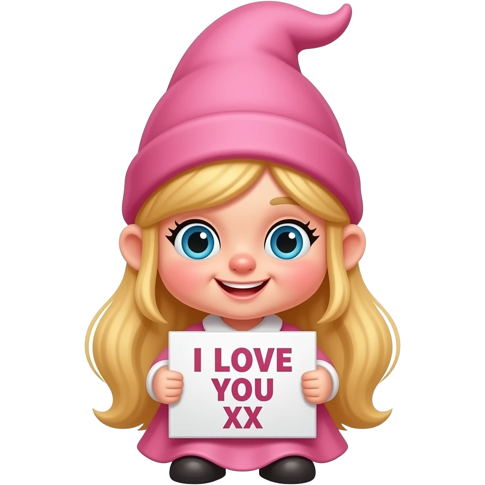 Cute female gnome with blonde hair in pink holding a sign saying I LOVE YOU XX emoji