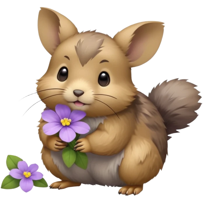 small round pika on all fours, turned at an angle, with a little light purple flower in its mouth emoji