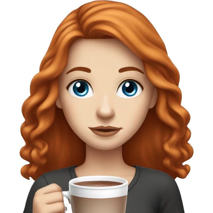 white girl with red long hair and blue eyes and a hot chocolate emoji