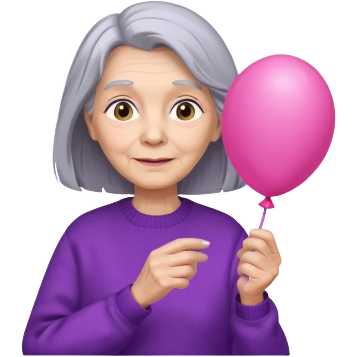 old lady, long grey hair, purple sweater, hold pink balloon emoji