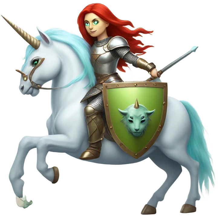 medieval shield: [politically incorrect, (
	{ female, alien, color: light green, hair:red, eyes:cat} ]
	on a 
	[{ unicorn: white, legged:four, mane: light blue }]) emoji