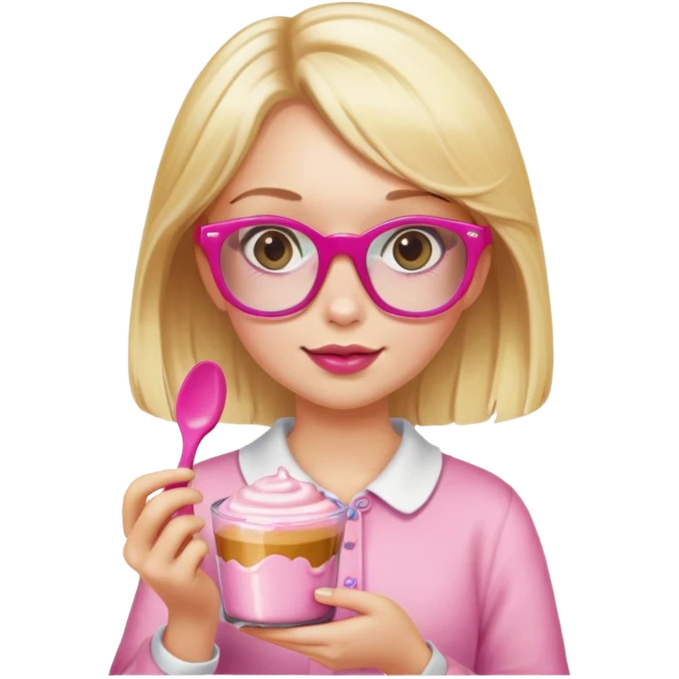 a girl with long lashes, blonde hair, pink glasses, holding a pudding emoji