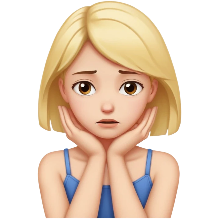 girl grabbing her neck with her hands and arms across with sad ish face  emoji