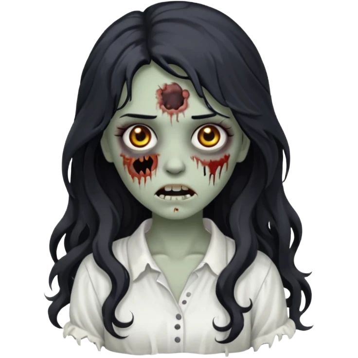 garota zumbi com cabelo preto ondulado longo blusa branca emoji