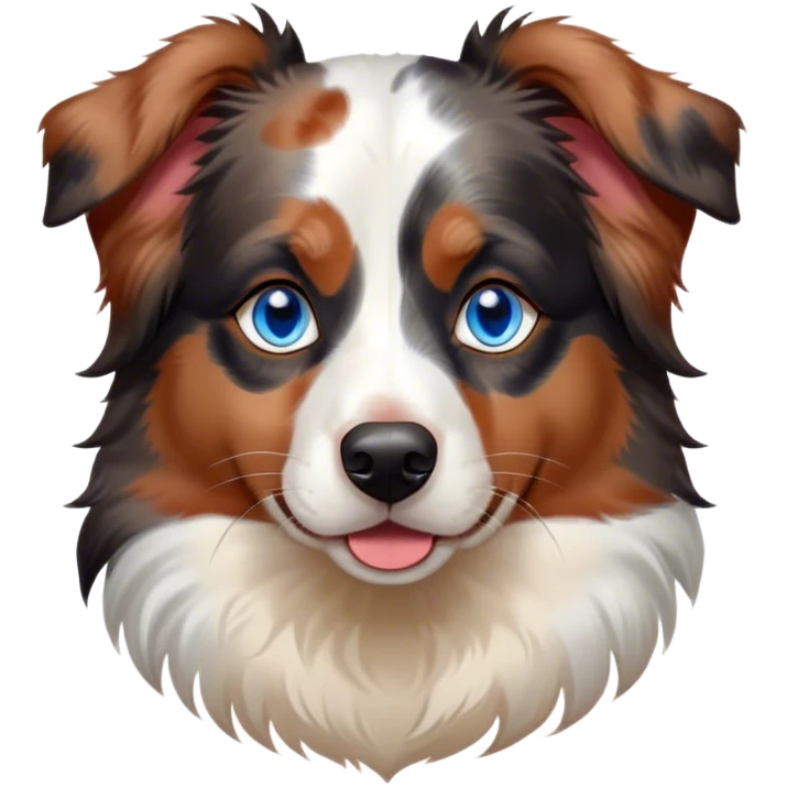 Cinematic Noble Calico Australian Shepherd Portrait Emoji, Poised and regal, with a strong, agile build and a predominantly white coat with calico merle markings of tan, black, and red, piercing blue eyes, Simplified yet sharp and sophisticated features, highly detailed, glowing with a soft, dignified glow, high shine, intelligent and loyal, stylized with an air of elegance, focused and attentive, soft glowing outline, capturing the essence of a watchful and confident herder, so majestic it feels as though it could step out of the screen with effortless authority! emoji