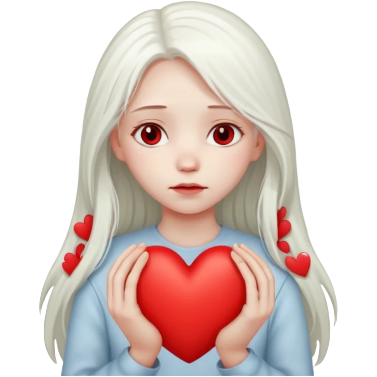 A girl with long white hair is sad and holds a red heart in her hands emoji