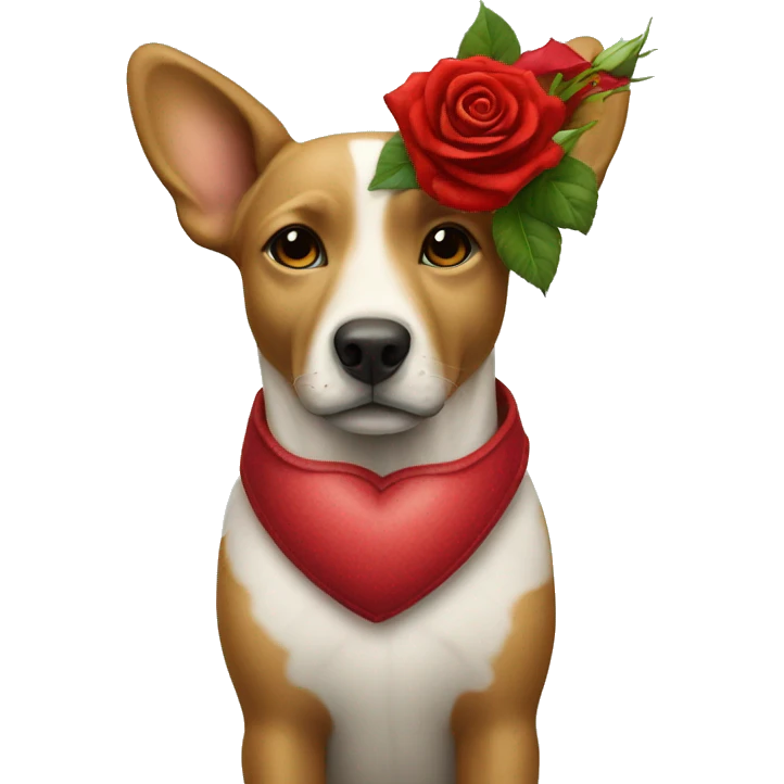 dog with a red heart, roses and a starbucks emoji