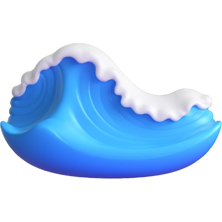Make a wave emoji that looks exactly like the reference image, in iOS emoji style. 3D, shiny, smooth gradients, soft shadows, realistic wave shape, blue and white colors. Add a glossy effect to the water. emoji