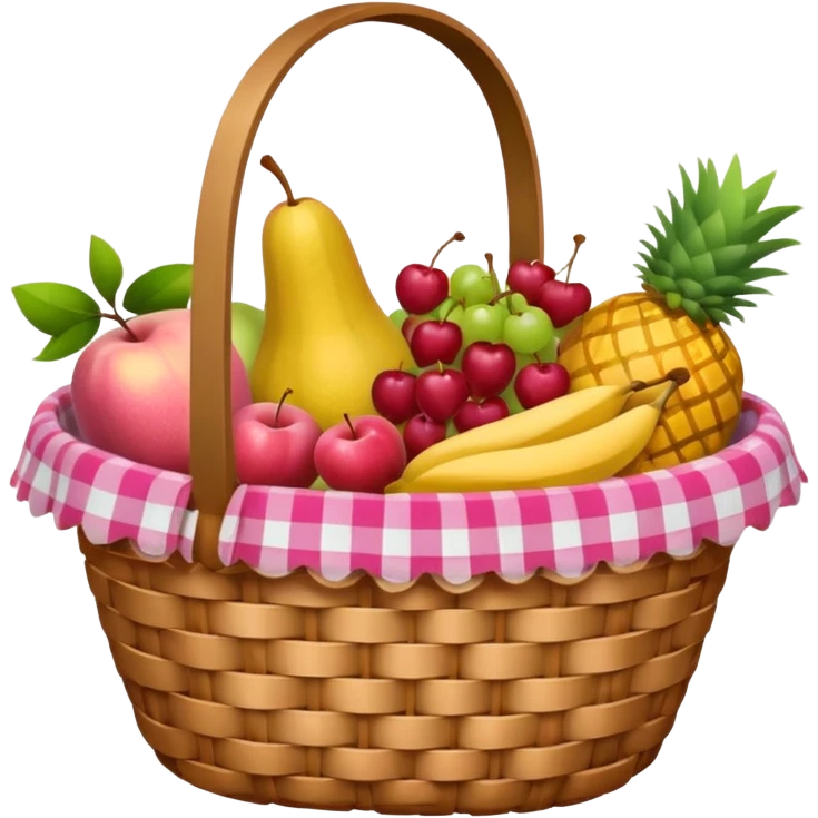 Pink basket, plaid lining, with both food, drink and fruits emoji