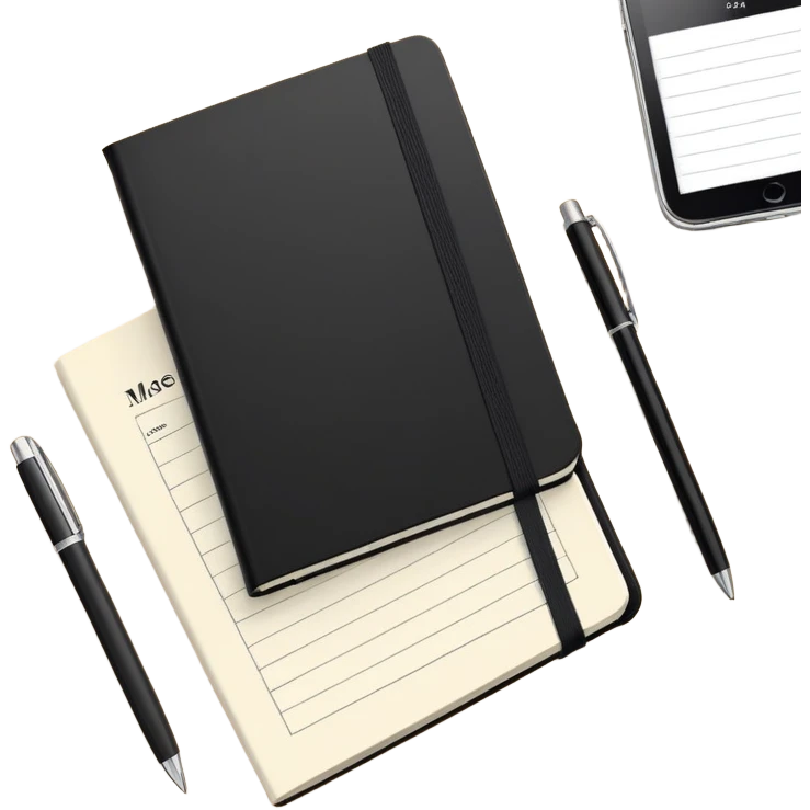 An elegant Moleskine notebook with elastic band, open to display a meeting agenda with items listed emoji
