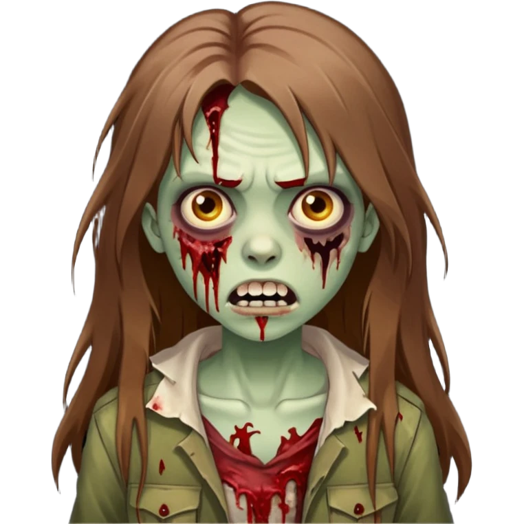 Girl zombie with brown long hair with teeth and serious face emoji