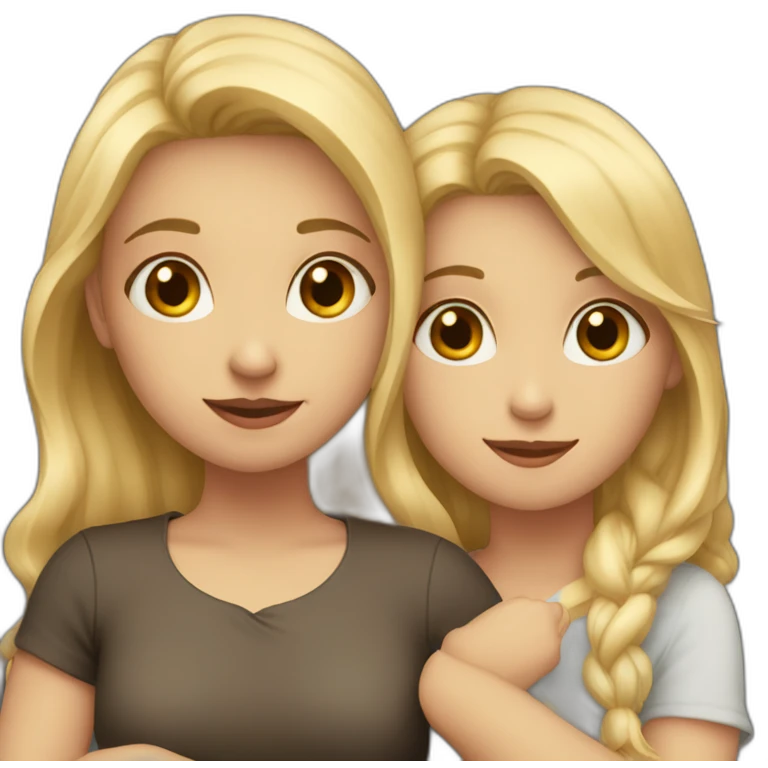 Two Girls are hugging each other. One girl has blond hair and Light eyes and the second girl has both dark hair and eyes emoji