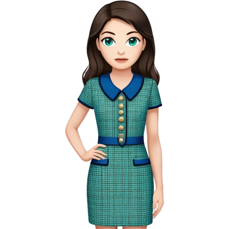 a 30 year old female venture capitalist with 50% greek and 50% american genes, 6 ft tall, long dark brown hair and blue/green eyes, wearing a chanel tweed professional dress emoji