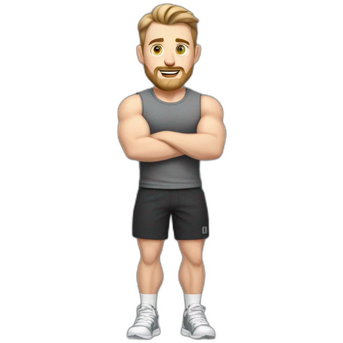 Full height Pale skinned fit man With biceps, Realistic eyes and mouth, light brown hair and stubble In dark gray sleeveless mike, black oversize sports shorts, watch and white sneakers. emoji