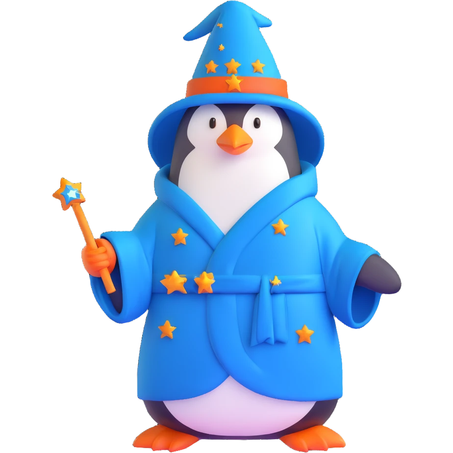 penguin wizard with a blue robe and starry hat emoji