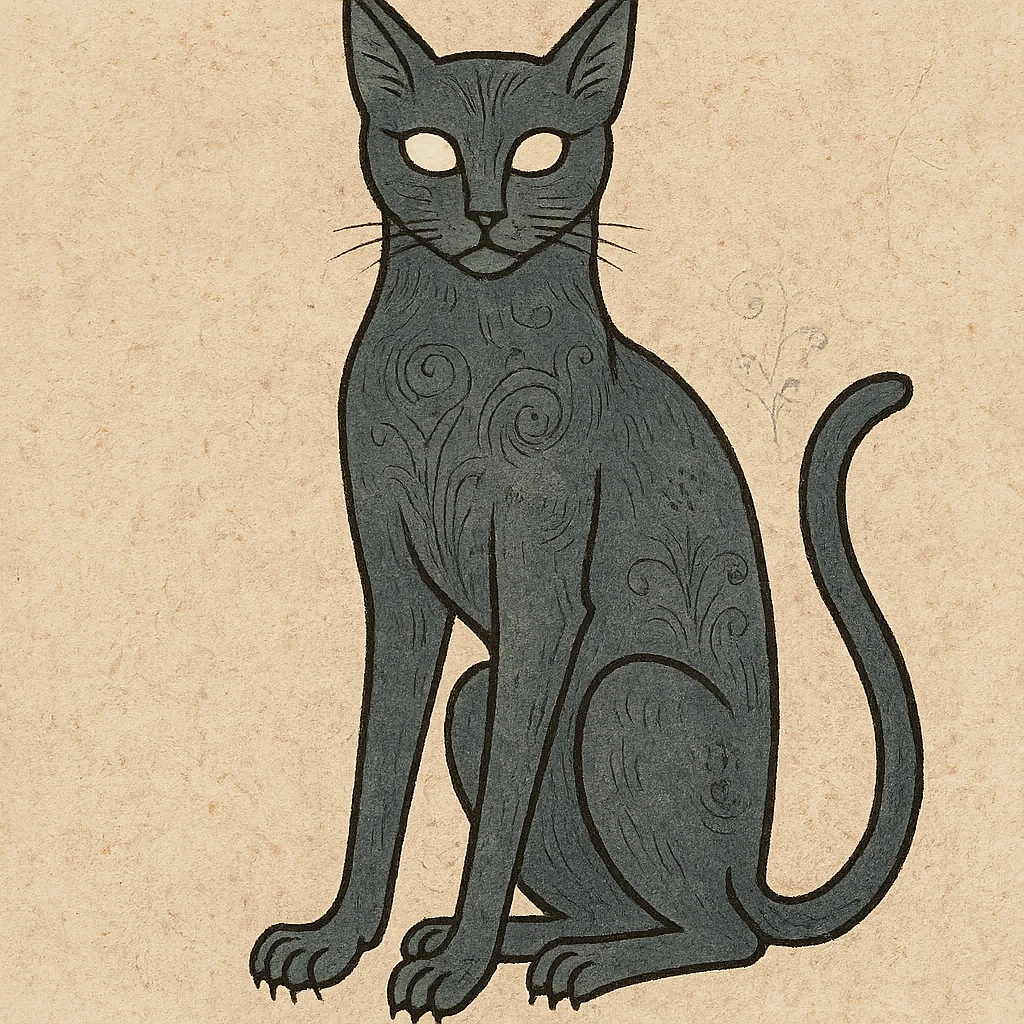 gothic black cat with glowing eyes, perched, medieval art style emoji