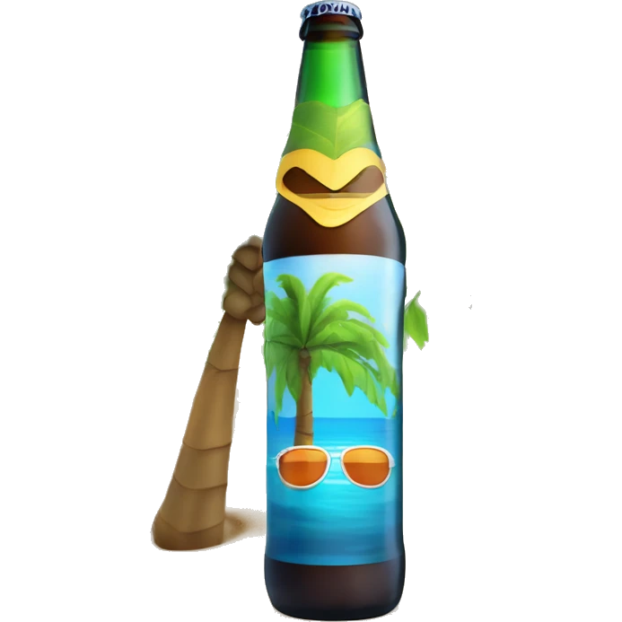 Una botella de cerveza con una camisa de palmeras de playa y lentes de sol.  emoji