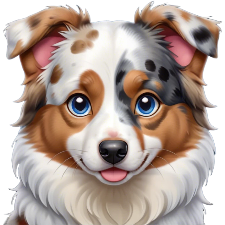 Cinematic Comical Calico Australian Shepherd Portrait Emoji, Head tilted dramatically with an exaggeratedly shocked or offended expression, predominantly white fur with striking black, tan, and red calico merle markings, wide, expressive blue eyes filled with exaggerated disbelief, Simplified yet hilariously expressive features, highly detailed, glowing with a slightly sassy glow, high shine, dramatic yet playful, stylized with an air of attitude, bright and endearing, soft glowing outline, capturing the essence of a sassy and over-the-top pup, so meme-worthy it feels like it could side-eye its way into internet fame instantly! emoji
