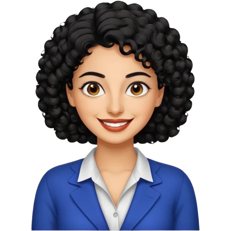 30 year old iranian woman very short curly black hair, big brown eyes, tanned skin, big smile, white teeth, pretty, stylish emoji