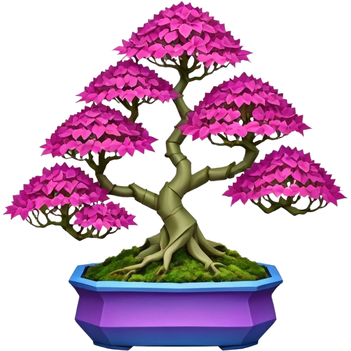 Futuristic wild et alien moss maples Bonsai hair-fine-leaf group crimson crystal azalea purple and cream pink blue forest planting in shallow origami style pot  emoji