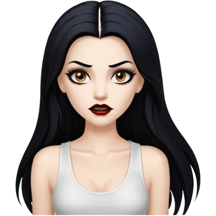 White woman with a white tank top long black hair glossy middle part long hair vamp look with fangs brown eyes eyeliner winged with lashes top and bottom white border big lips black eyebrows emoji