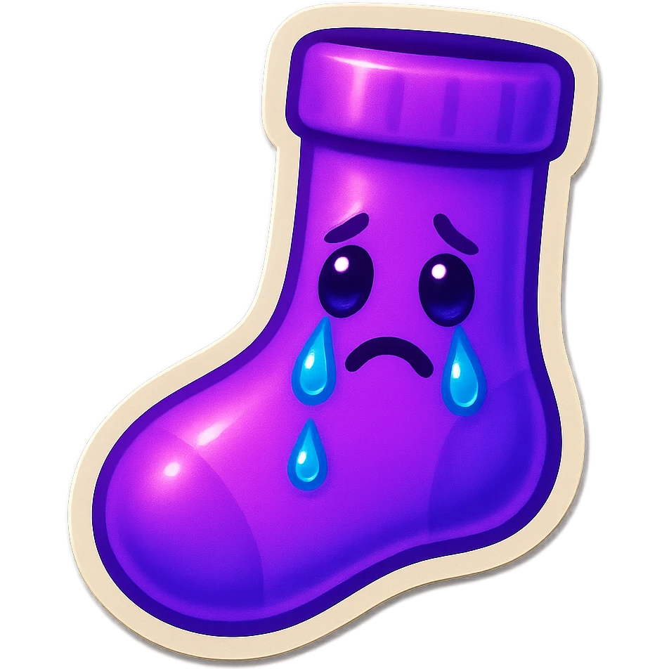 A neon-purple sock with a sad face, tears falling, representing crying or sadness. emoji