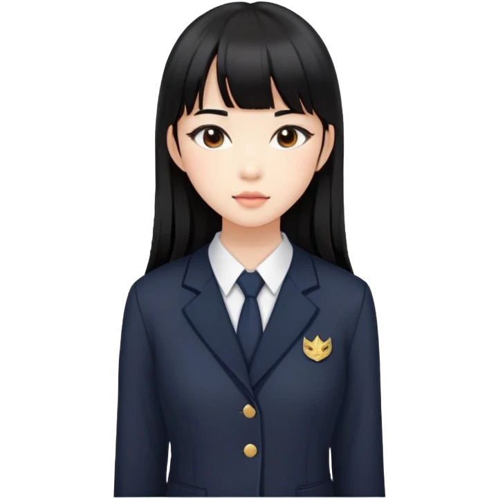 Asian woman in a chic school uniform, long black hair with straight bangs, and visible makeup emoji