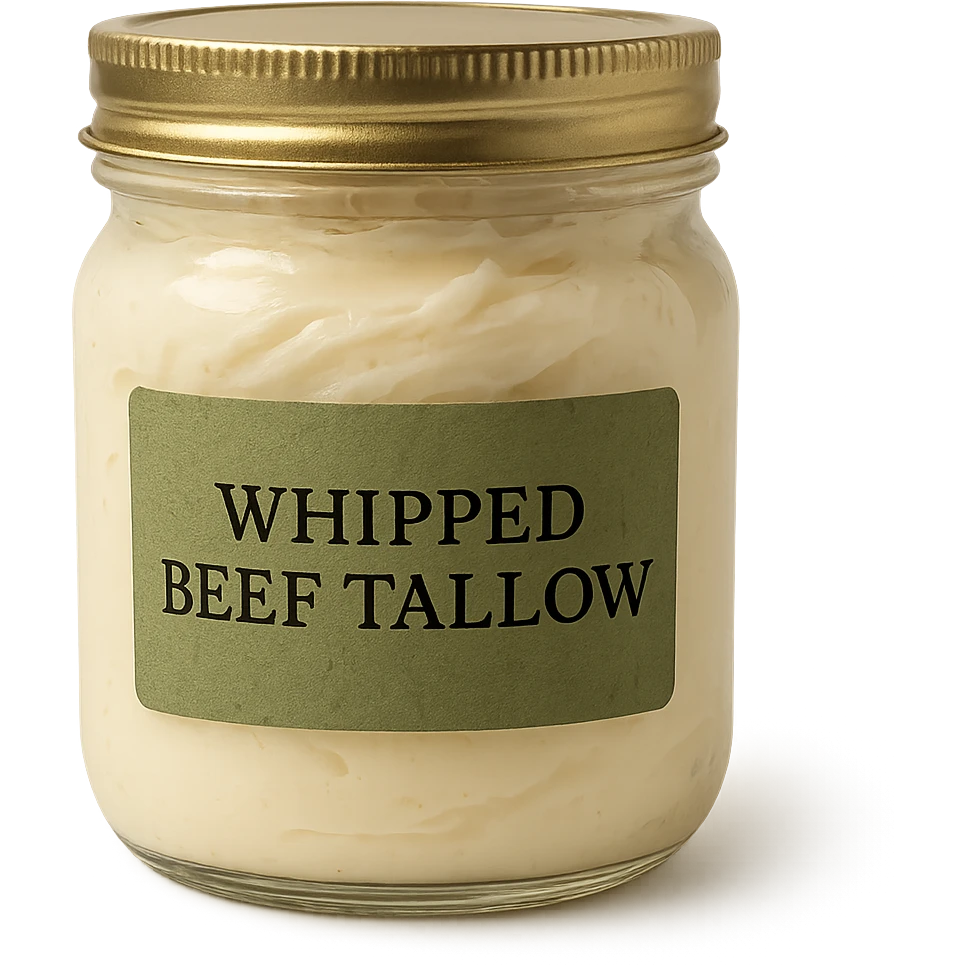 sealed jar of whipped beef tallow, green label, rustic look, creamy contents, clean background emoji