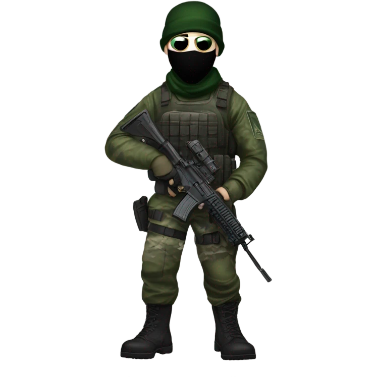 white male, pale skin, call of duty black mask, green camo tactical gear, combat boots, black beanie, hazel eyes emoji