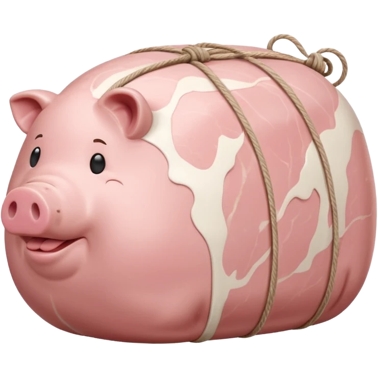 whole raw pork roast, thick rounded shape, light pink flesh, smooth slightly moist surface, creamy white fat cap on top, subtle marbling, optionally tied with simple butcher's twine, no tray, no garnish, no extras, soft lighting, subtle shadows, emoji scale emoji
