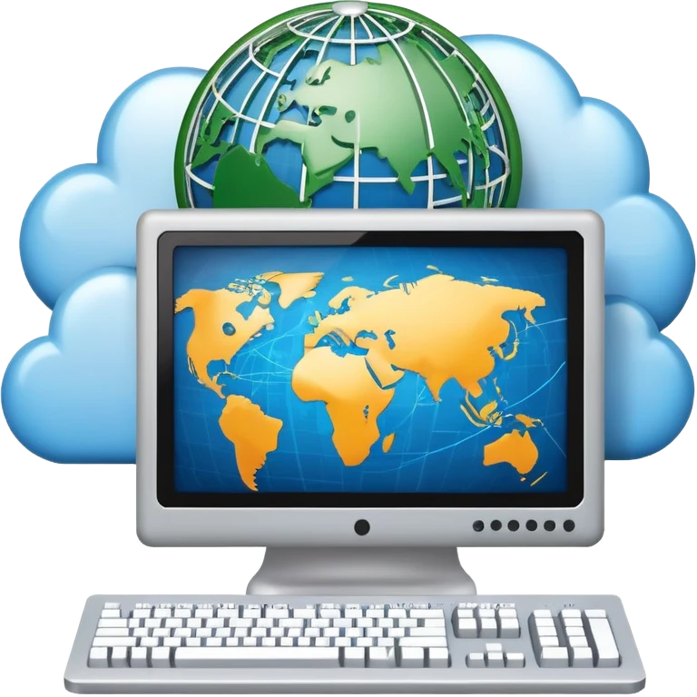 An icon featuring a computer monitor displaying code, a globe with network nodes, and a circuit board, symbolizing IT. The design includes data streams, cloud storage, and a keyboard, representing digital innovation, connectivity, and problem-solving. Transparent background emoji