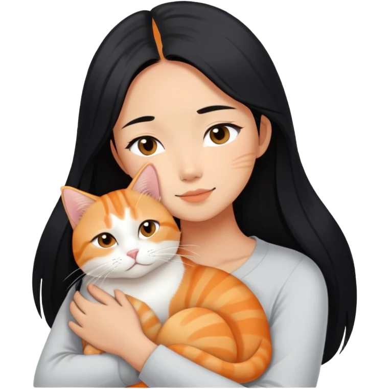 Young Asian woman with long straight black hair cuddling a white and orange tabby cat, gentle embrace, affectionate pose emoji