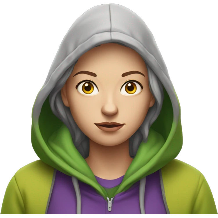 white woman who is homeless, disheveld wearing green hoodie and purple shirt with yellowish eyes emoji