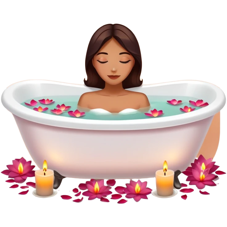 A white bathtub with warm water, with flower petals and scented tea candles, romantic lush warm colors emoji