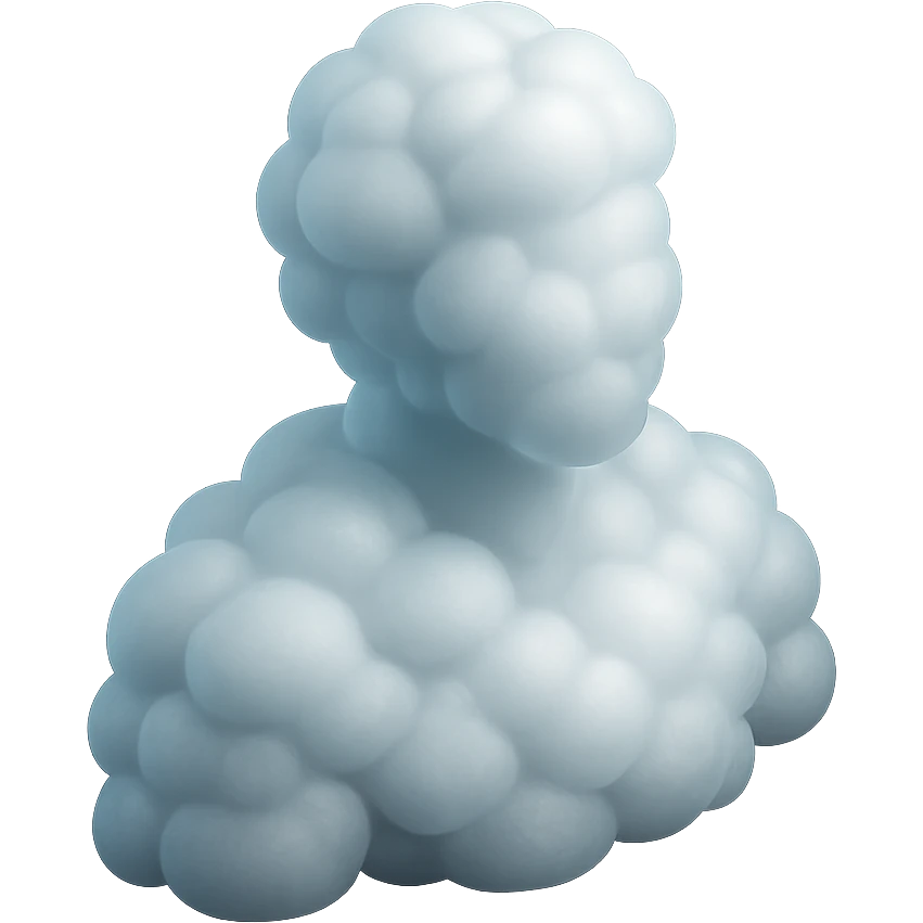 shoulder-up person fully made of white fluffy bulging clouds, matte glass style emoji