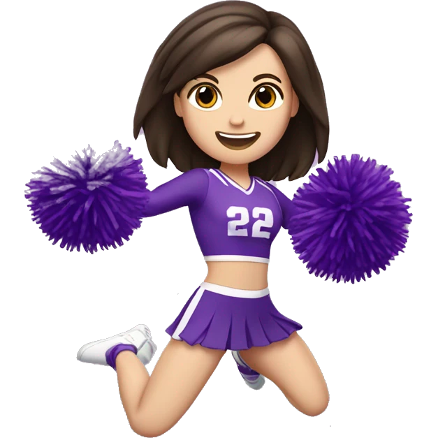 Caucasian cheerleader with dark brown hair, jumping and holding up two purple Pom poms, small full body emoji emoji