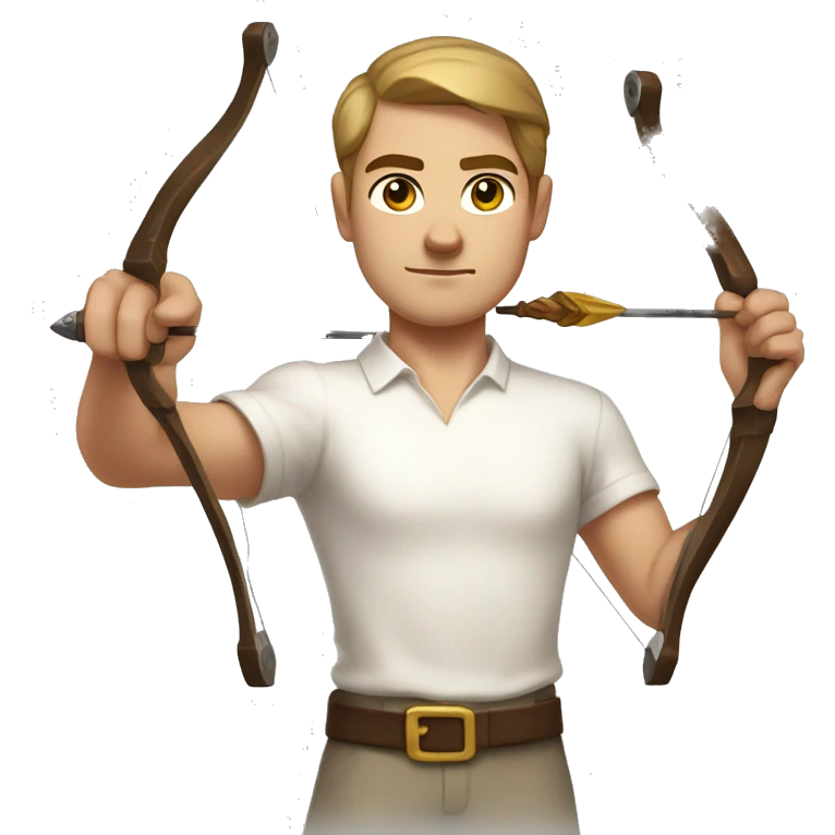 a male archer bending a bow, wearing a white shirt, very short brown hair, bright skin, only show upper part of the body from waist up emoji
