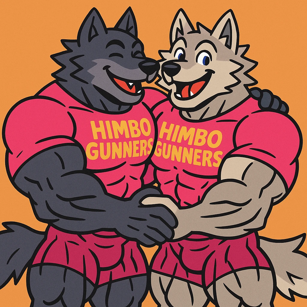 pair of ultra-muscular wolf furries wearing 'Himbo gunners' t-shirts, hugging, cheerful and energetic, very large, defined, and detailed muscles, high quality emoji