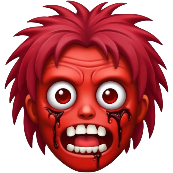 Emoji de zumbi com cabelo vermelho escuro, médio, de olhos castanhos escuros  emoji
