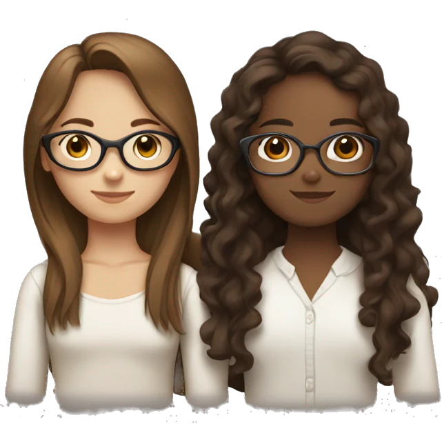 Two girls hugging, one with white skin and with long straight brown hair with glasses and the other girl with brown skin long dark brown curly hair  emoji