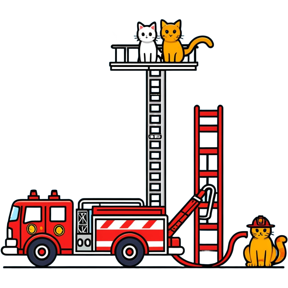 Fire truck with aerial ladder four firemen rescuing a cat emoji