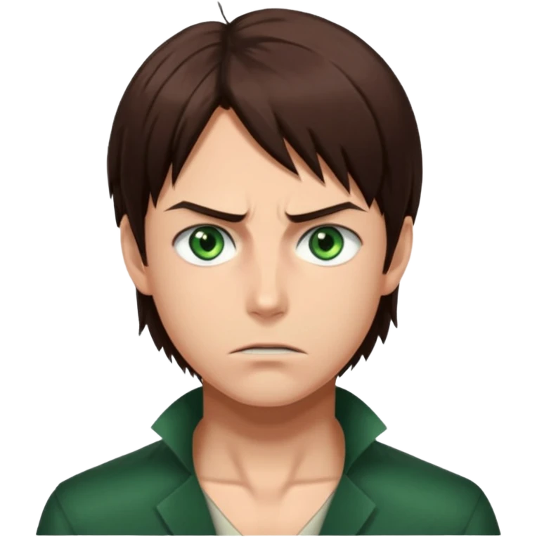 “Create an avatar that looks like Eren Yeager from Attack on Titan, Season 3 — sharp jawline, tied-back long brown hair, intense green eyes, serious expression.” emoji