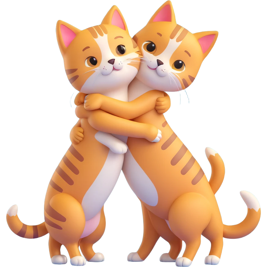 cute friendly cat hugging dog, both standing on hind legs, bright colors emoji